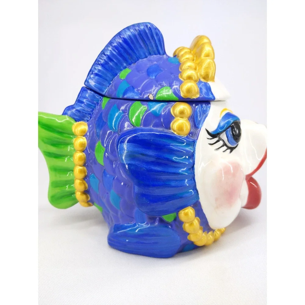Katherine's Collection Kissing Fish Jar Blue Whimsical Ceramic Lidded Canister